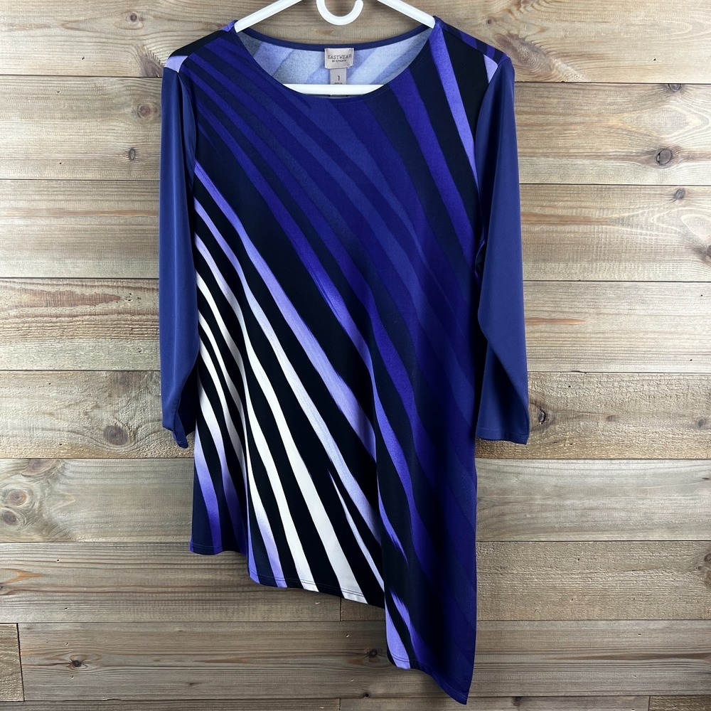 Easywear By Chicos Womens Shirt 3/4 Sleeve Asymmetrical Hemline Striped 1 Medium